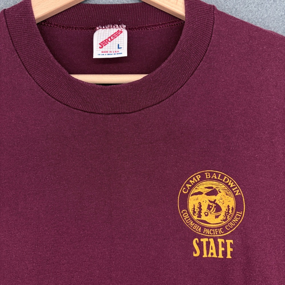 Vintage Jerzees Camp Baldwin Staff T-Shirt Large Maroon Single Stitch USA Made